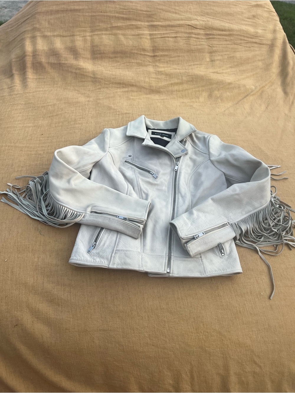 Black Rivet Light Ivory Fringe Leather Moto Jacket Western Cowgirl Baddie Size M